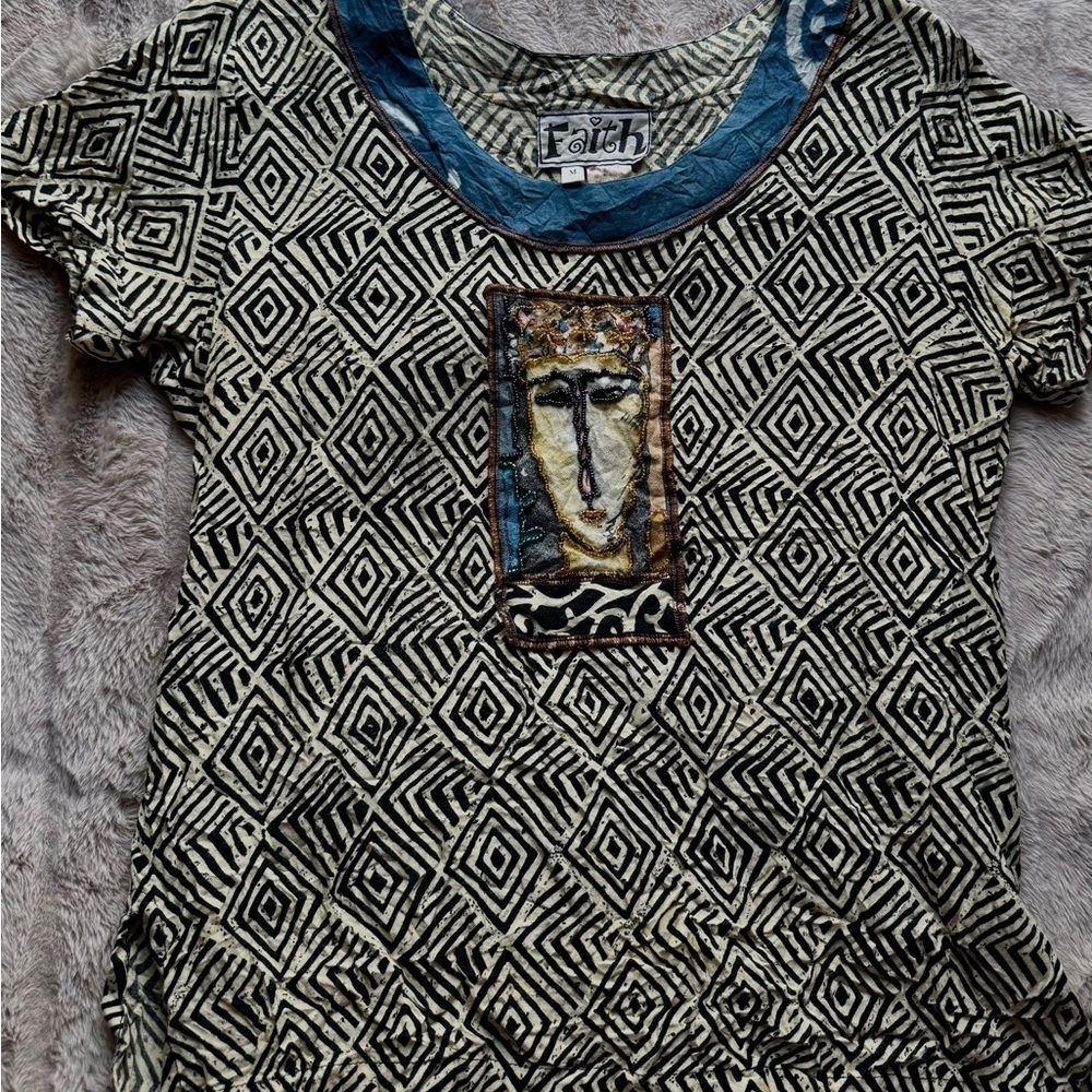 Faith Artsy Beaded Patch Top Abstract Face Tee